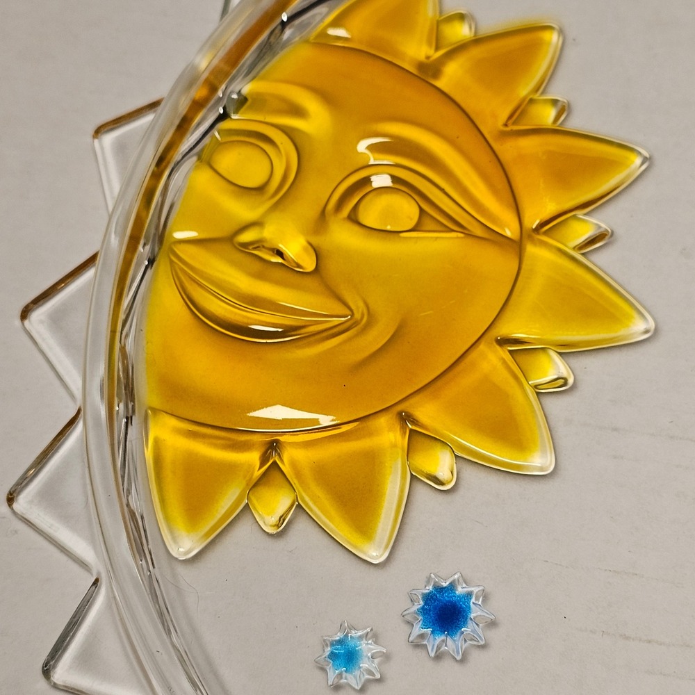 1990s Celestial Sun Moon Stars Glass Serving Platter Round‎ Amber Blue 12.5 Inch
